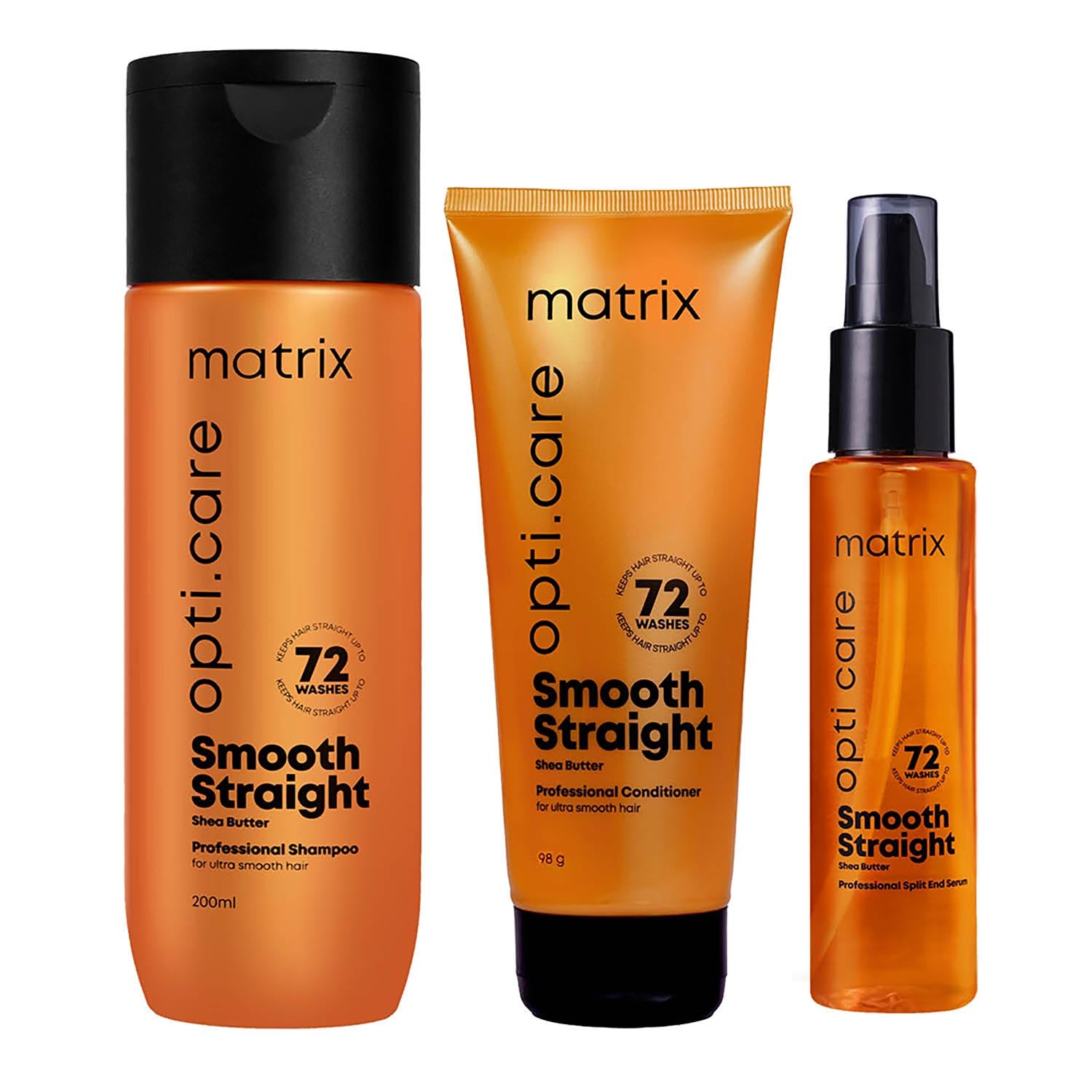 Matrix Opti.Care Professional Shampoo + Conditioner + Serum Combo for Smooth & Straight Hair with Shea Butter | No Added Parabens (200 ml + 98 g + 100 ml)