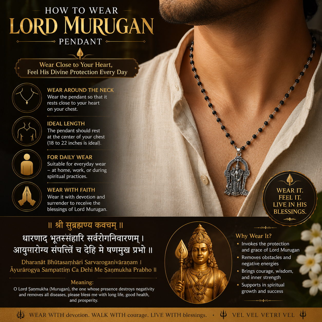 Premium Silver Capped Karungali Mala with Lord Murugan Locket