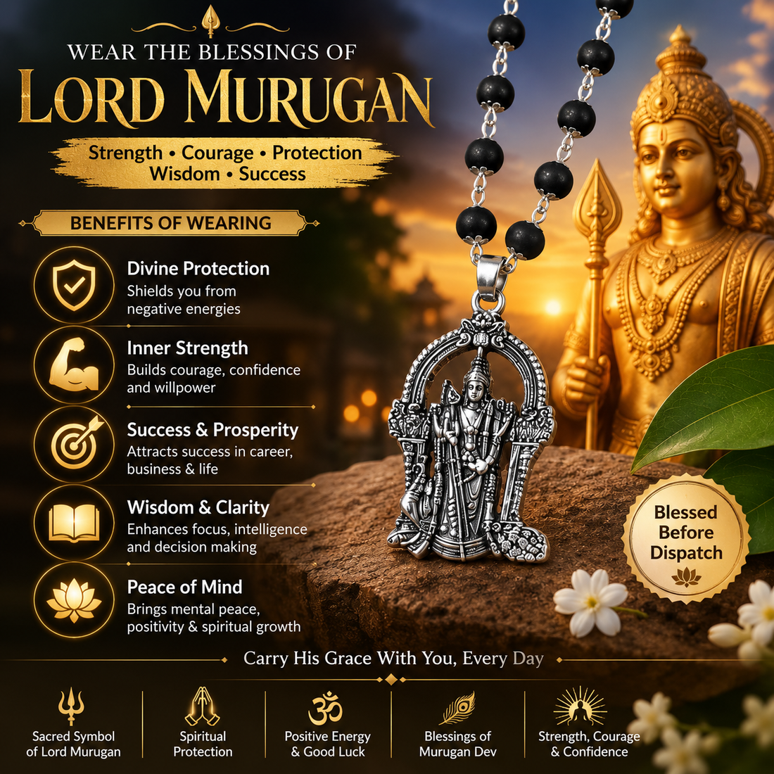 Premium Silver Capped Karungali Mala with Lord Murugan Locket