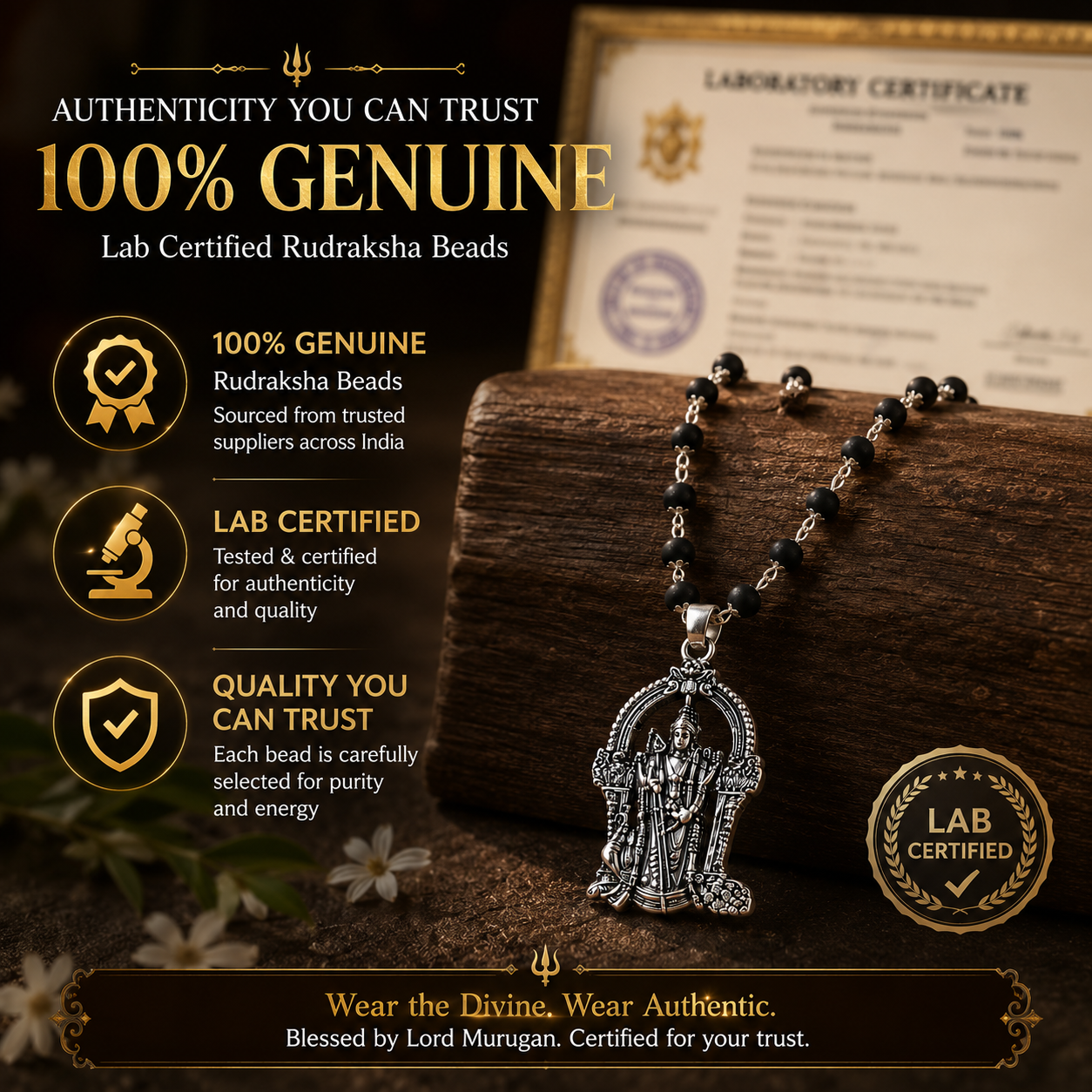 Premium Silver Capped Karungali Mala with Lord Murugan Locket