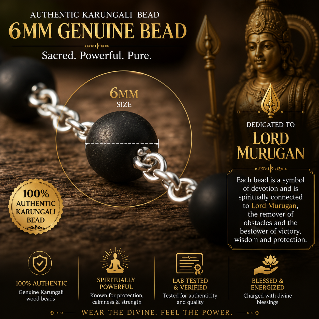 Premium Silver Capped Karungali Mala with Lord Murugan Locket