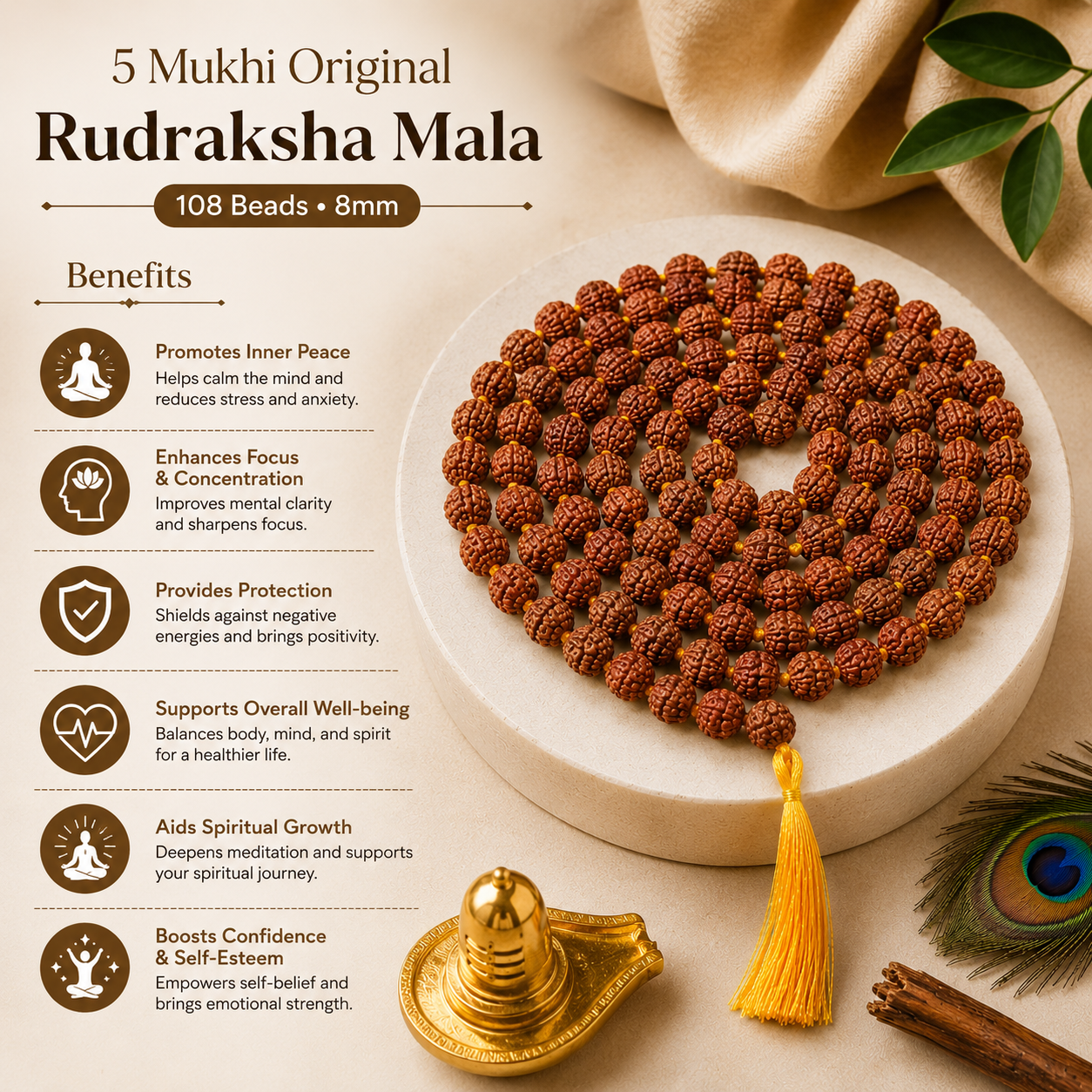 5 Mukhi Rudraksha Mala 8mm (108+1 Beads) | Authentic & Lab Certified