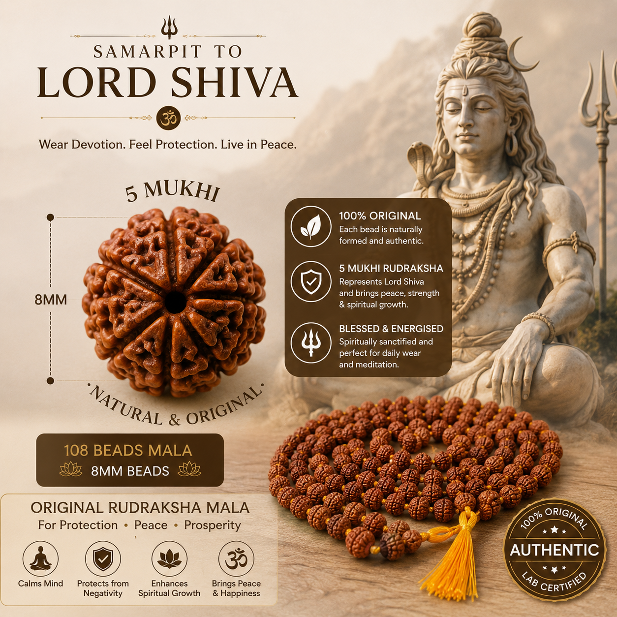 5 Mukhi Rudraksha Mala 8mm (108+1 Beads) | Authentic & Lab Certified
