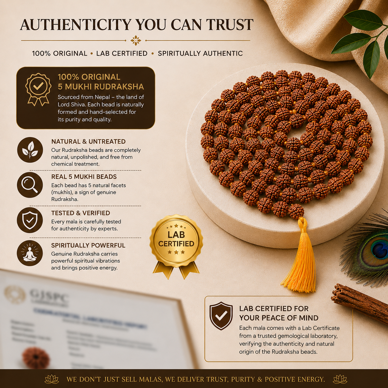 5 Mukhi Rudraksha Mala 8mm (108+1 Beads) | Authentic & Lab Certified