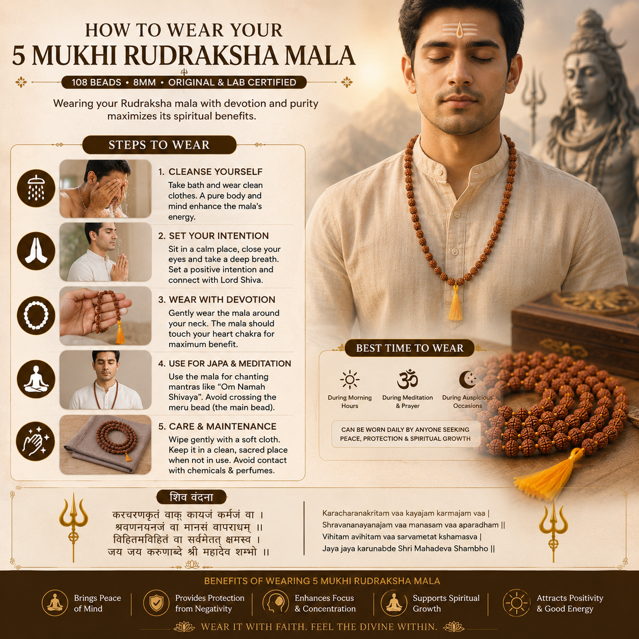 5 Mukhi Rudraksha Mala 8mm (108+1 Beads) | Authentic & Lab Certified