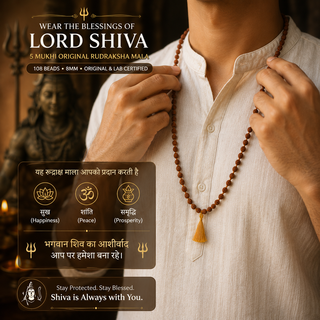 5 Mukhi Rudraksha Mala 8mm (108+1 Beads) | Authentic & Lab Certified