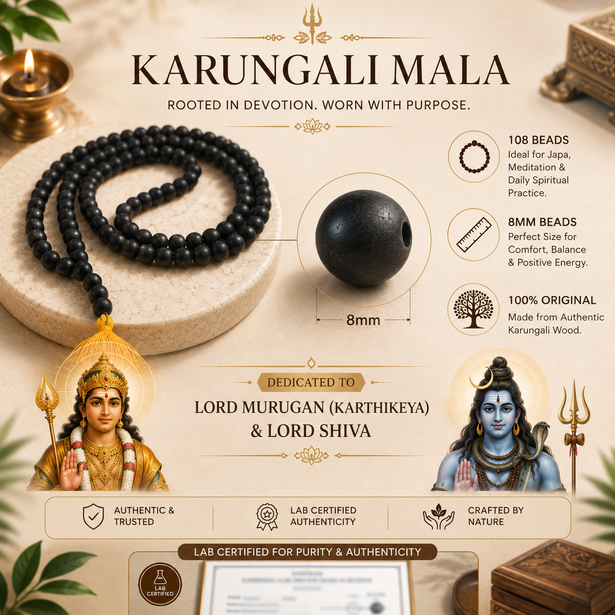Karungali Mala 8mm (108 Beads) | Authentic & Lab Certified