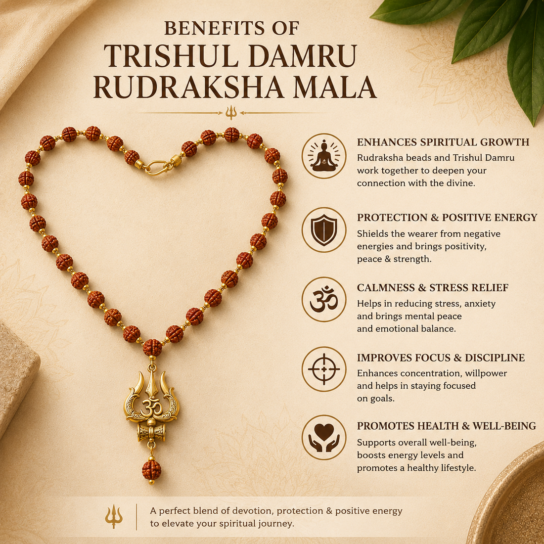 Gold Plated Trishul Damru Rudraksha Mala 10mm | Original & Lab Certified
