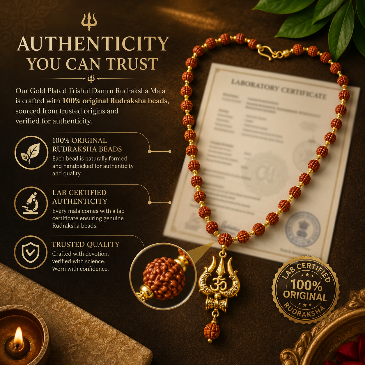 Gold Plated Trishul Damru Rudraksha Mala 10mm | Original & Lab Certified