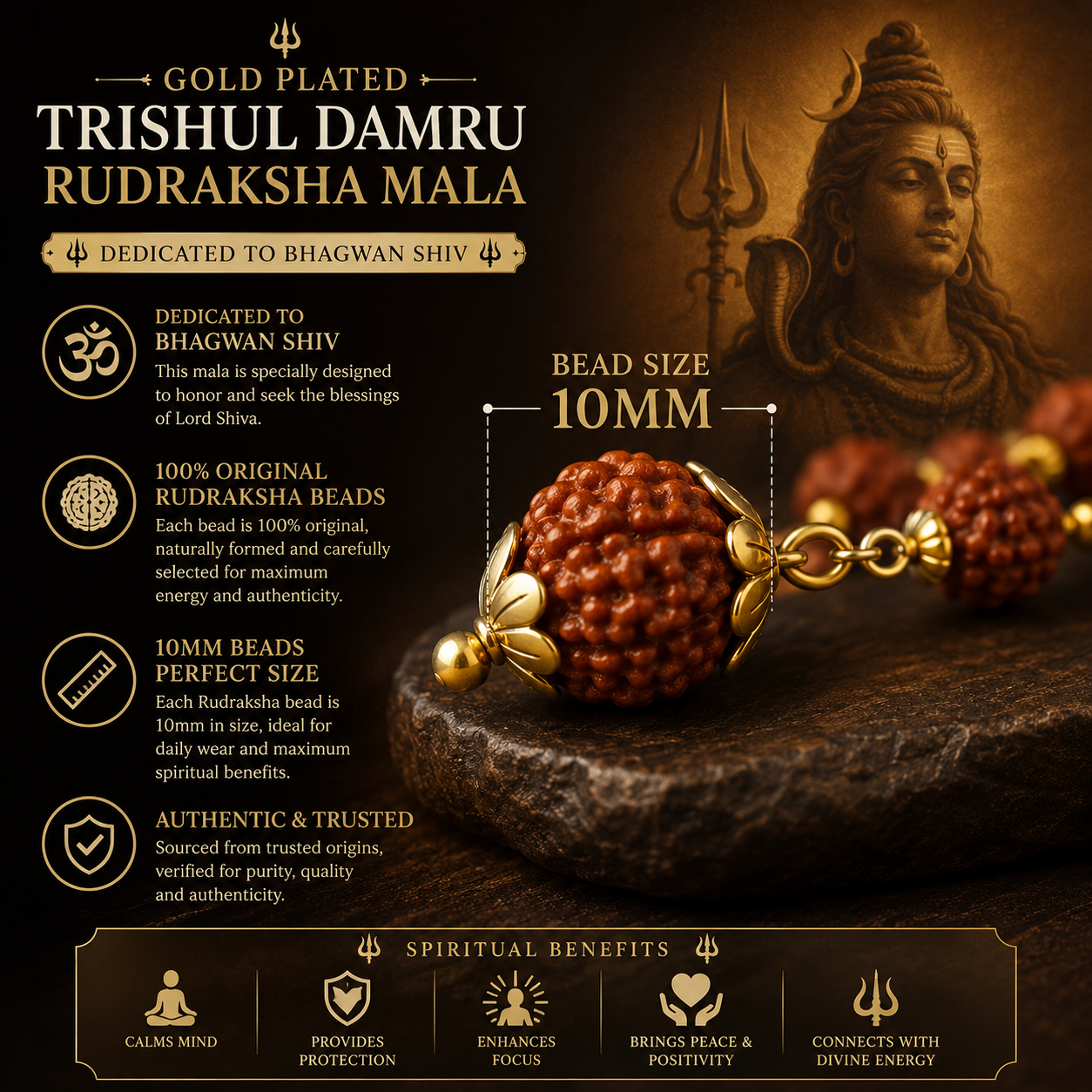 Gold Plated Trishul Damru Rudraksha Mala 10mm | Original & Lab Certified