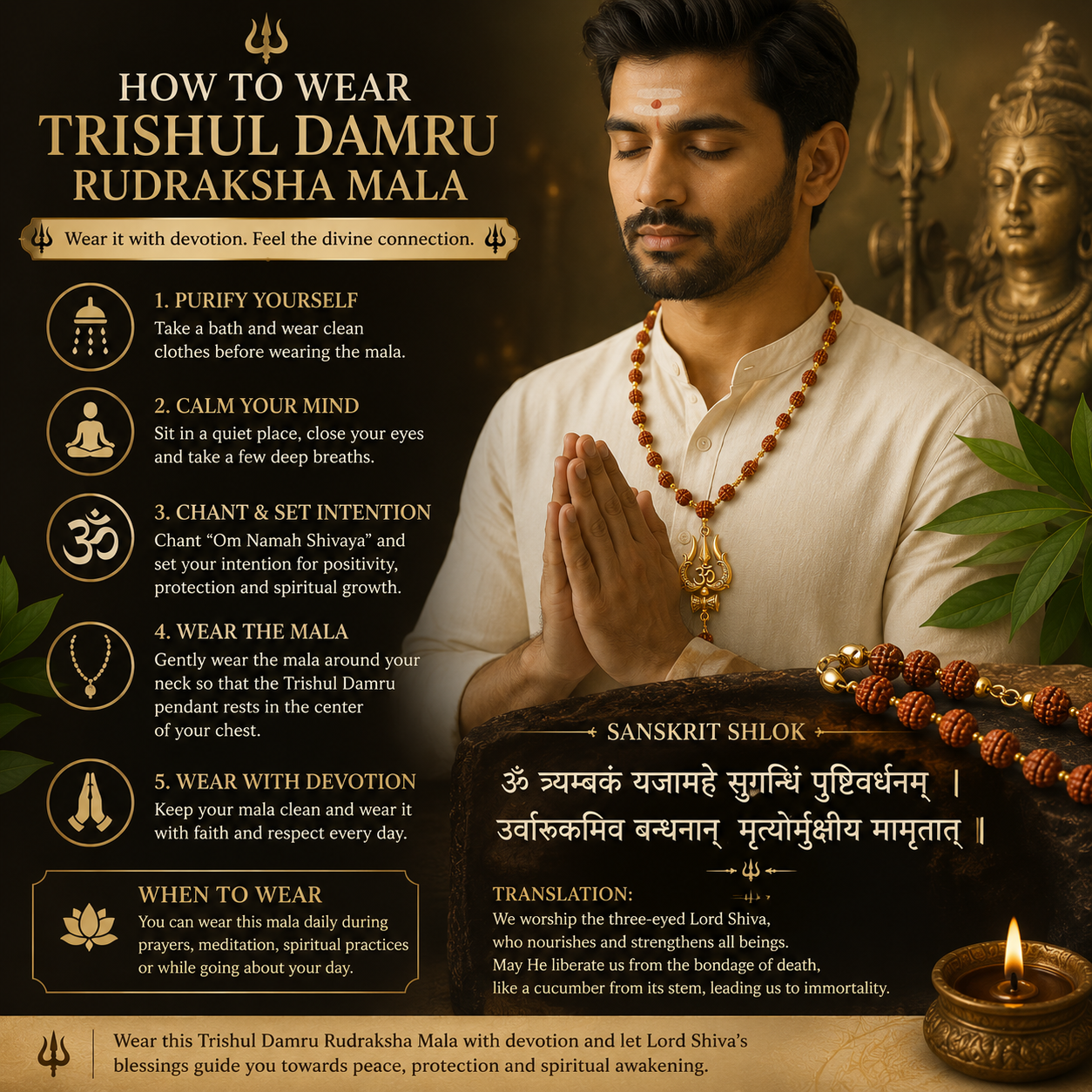 Gold Plated Trishul Damru Rudraksha Mala 10mm | Original & Lab Certified