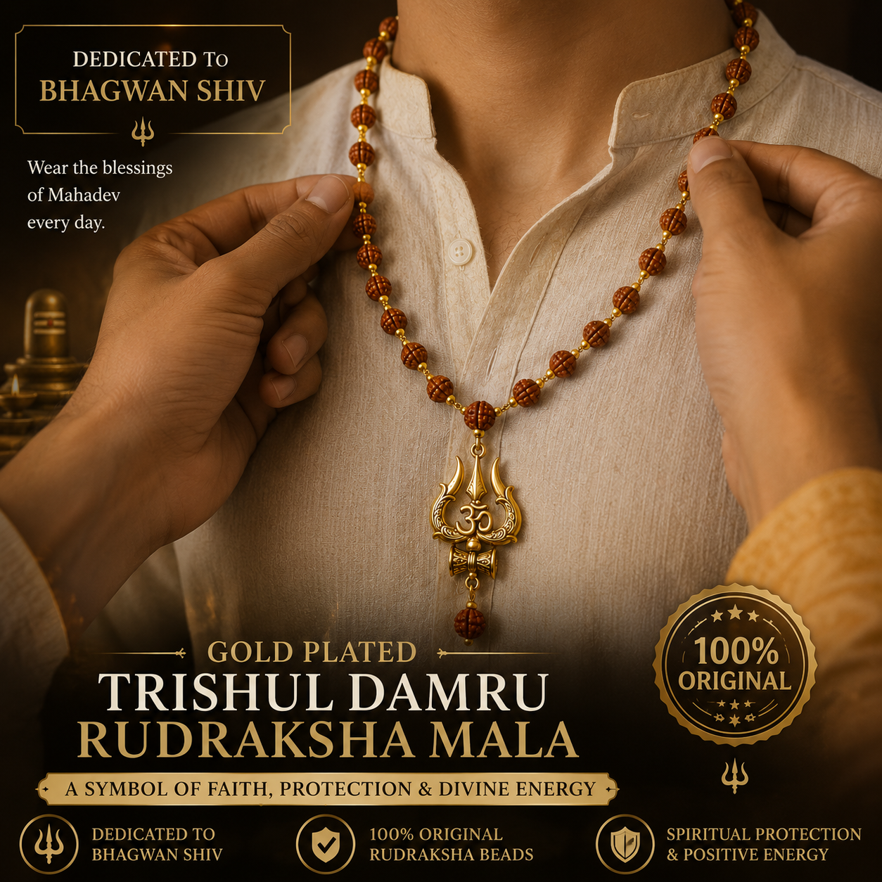 Gold Plated Trishul Damru Rudraksha Mala 10mm | Original & Lab Certified