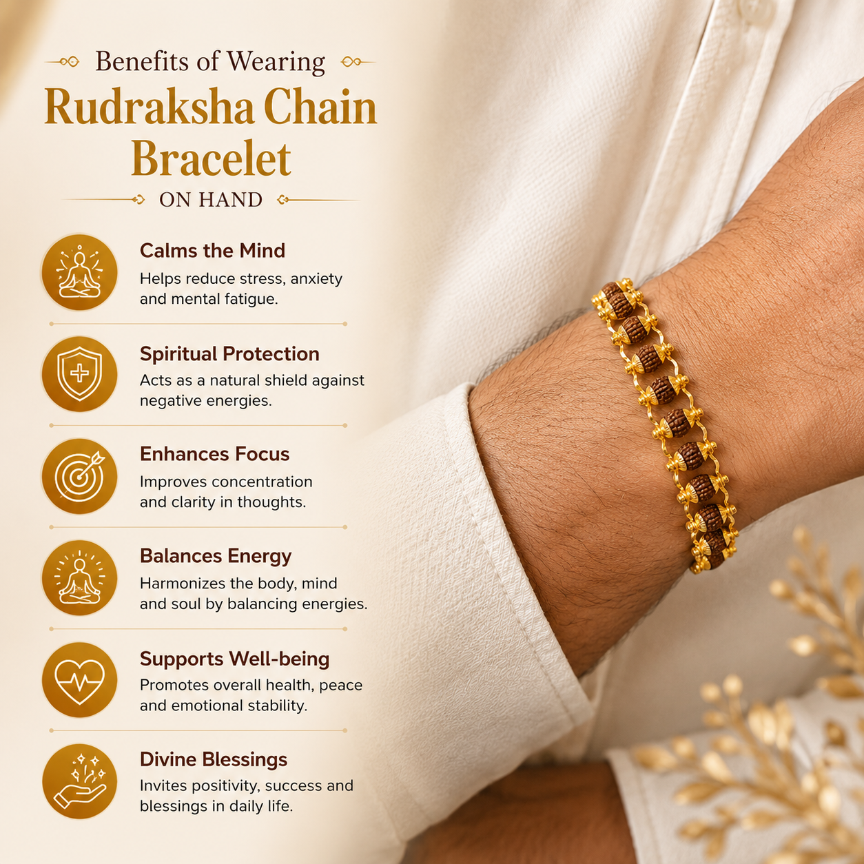 Gold Plated Rudraksha Bracelet 6mm - Original Rudraksha Beads | Lord Shiv Spiritual Bracelet