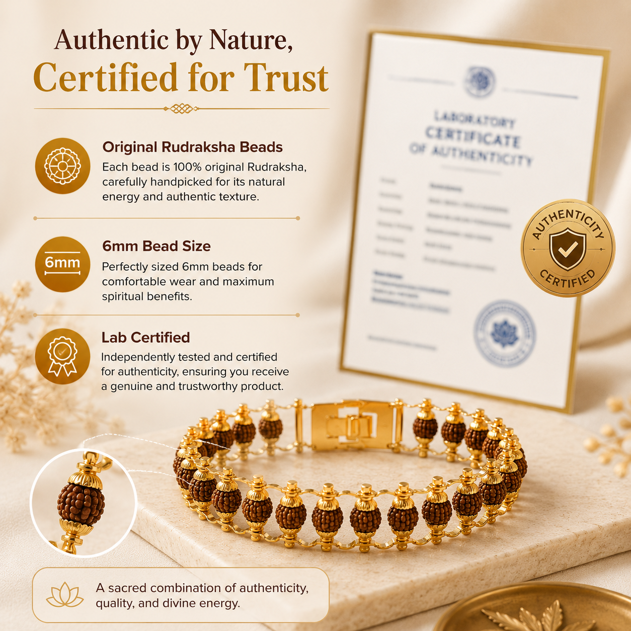 Gold Plated Rudraksha Bracelet 6mm - Original Rudraksha Beads | Lord Shiv Spiritual Bracelet