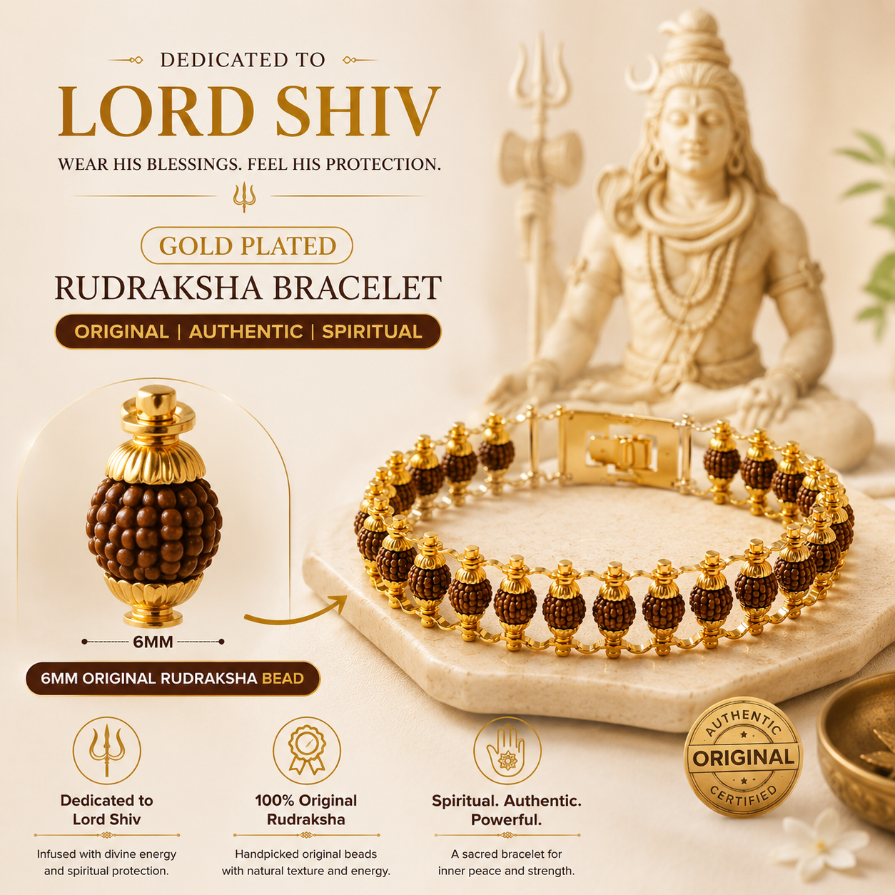 Gold Plated Rudraksha Bracelet 6mm - Original Rudraksha Beads | Lord Shiv Spiritual Bracelet