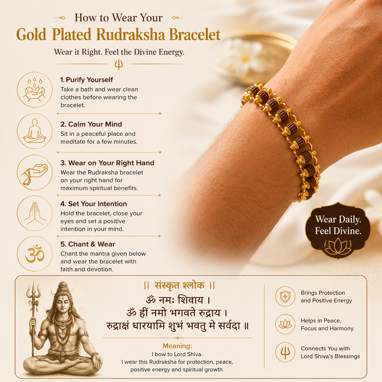 Gold Plated Rudraksha Bracelet 6mm - Original Rudraksha Beads | Lord Shiv Spiritual Bracelet