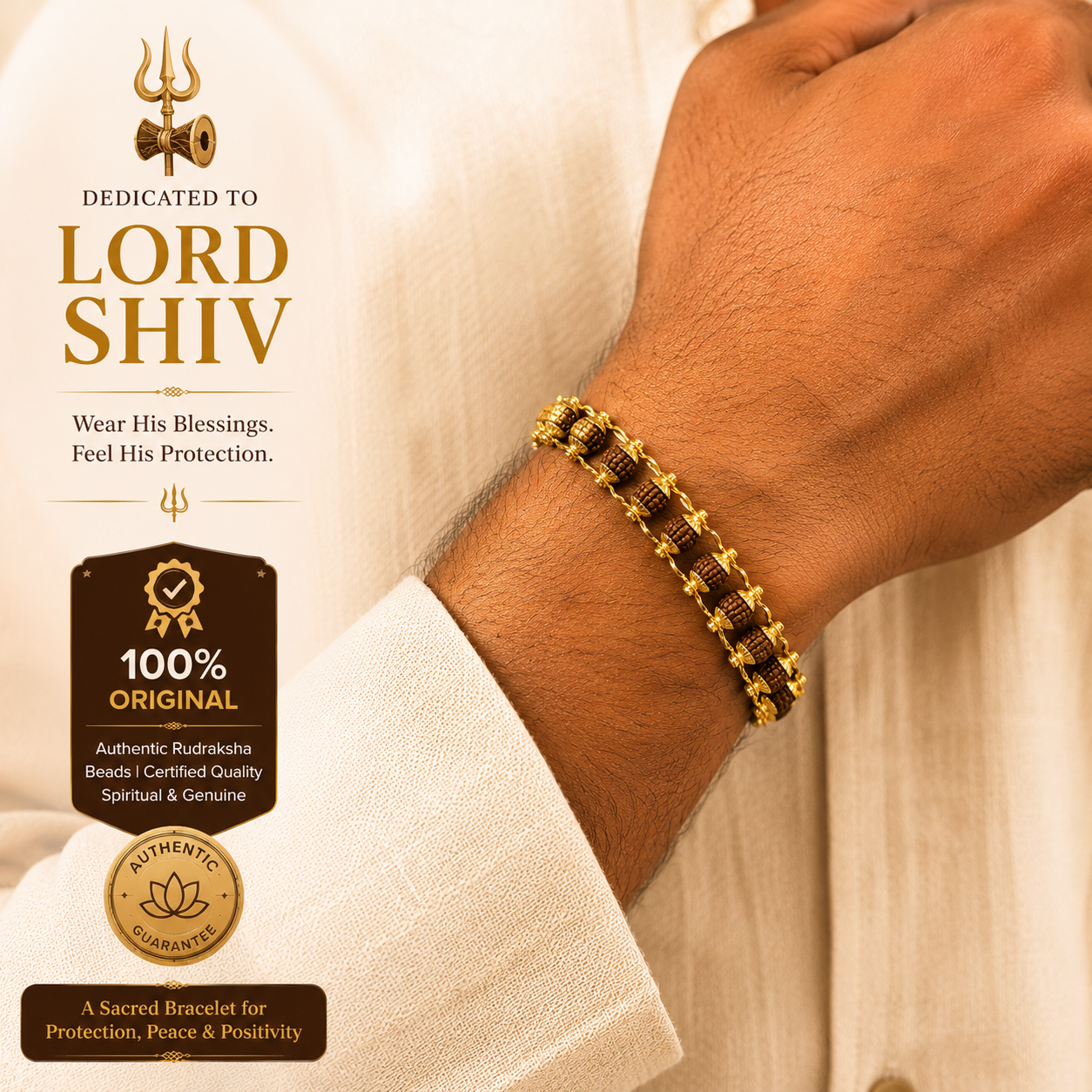 Gold Plated Rudraksha Bracelet 6mm - Original Rudraksha Beads | Lord Shiv Spiritual Bracelet