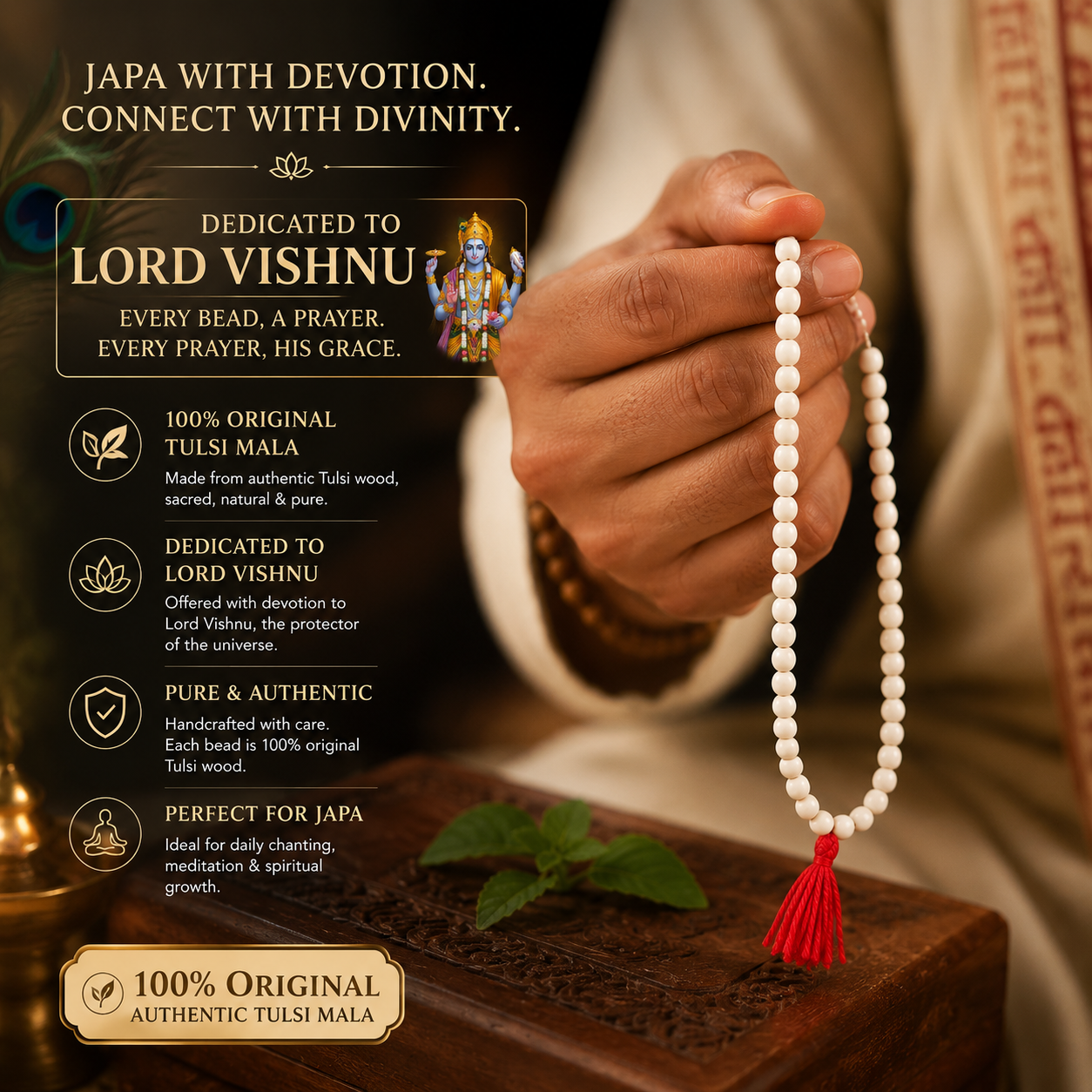Premium Tulsi Japa Mala 108 Beads (6mm) | Original Tulsi Wood for Meditation