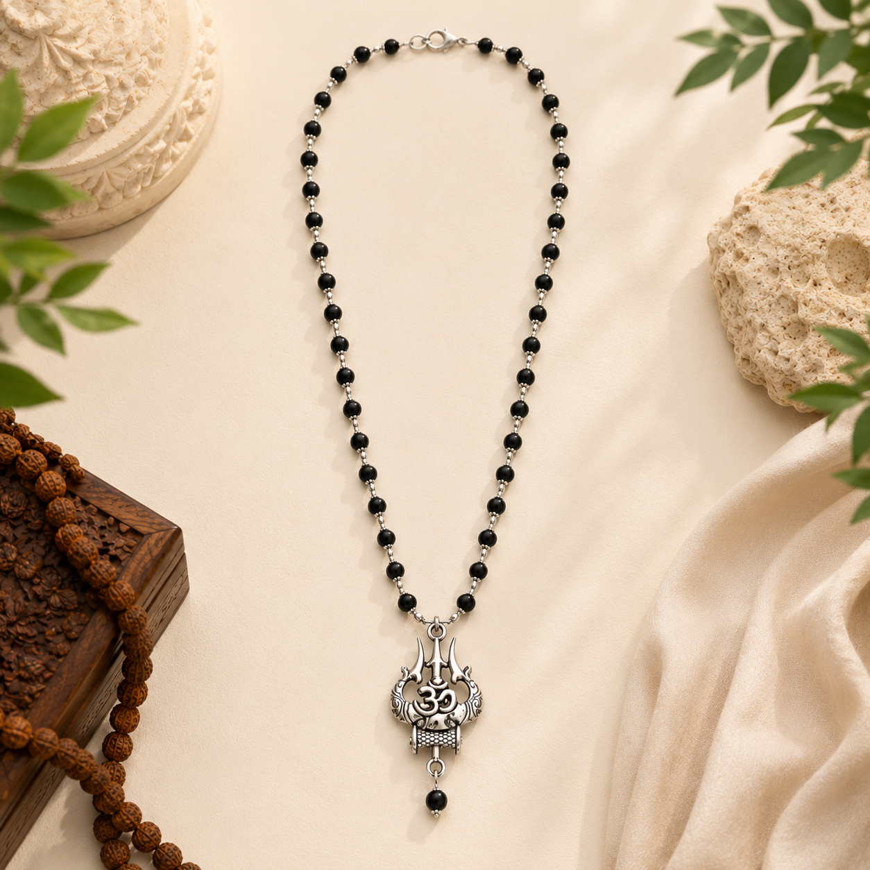 Premium Silver Capped Karungali Mala with Om Trishul Damru Locket