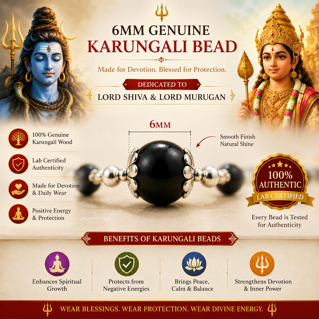 Premium Silver Capped Karungali Mala with Om Trishul Damru Locket