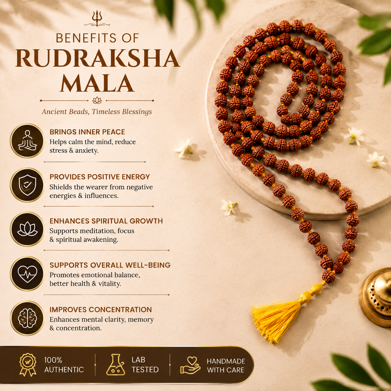 5 Mukhi Rudraksha Mala 8mm (108+1 Beads) | Original, Lab Certified & Temple Blessed