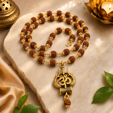 Gold Plated Trishul Damru Rudraksha Mala 10mm | Lord Shiva Blessed & Lab Certified