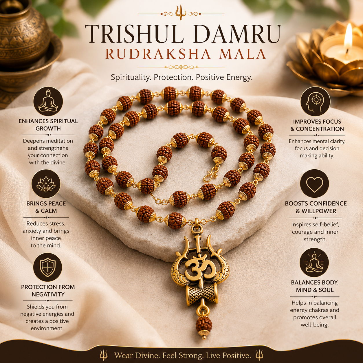 Gold Plated Trishul Damru Rudraksha Mala 10mm | Lord Shiva Blessed & Lab Certified