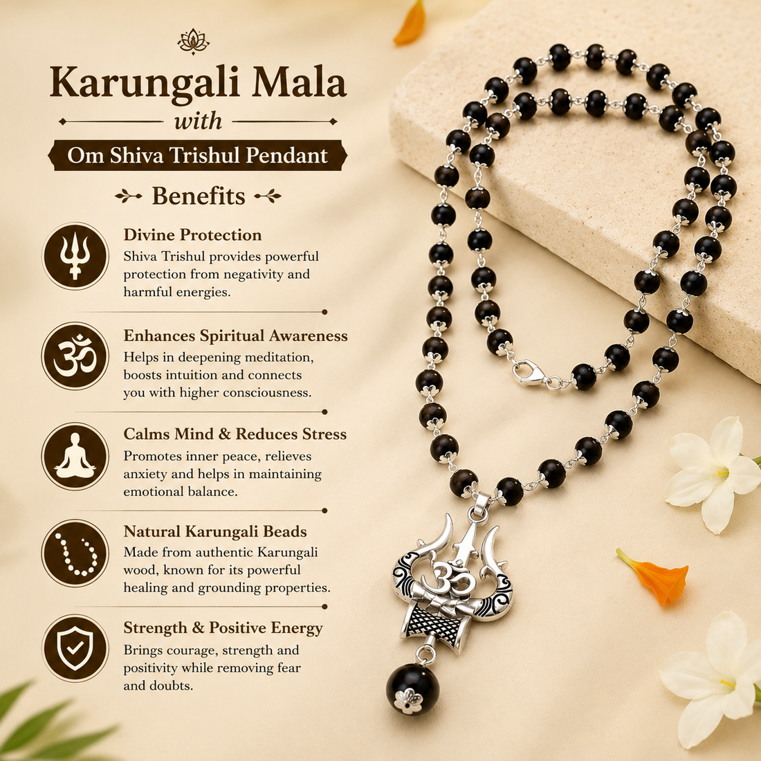 Premium Silver Capped Karungali Mala with Om Shiva Trishul Pendant