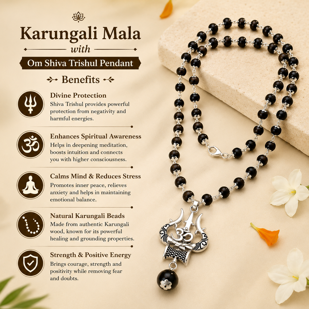 Premium Silver Capped Karungali Mala with Om Shiva Trishul Pendant