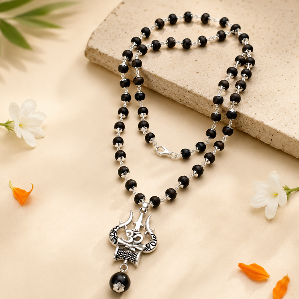 Premium Silver Capped Karungali Mala with Om Shiva Trishul Pendant