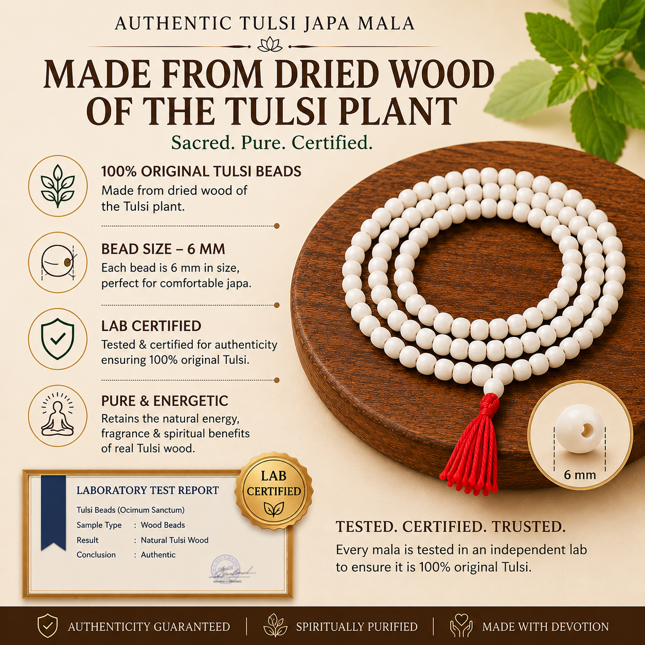 Premium Tulsi Japa Mala 108 Beads (6mm) | Original Tulsi Wood for Meditation